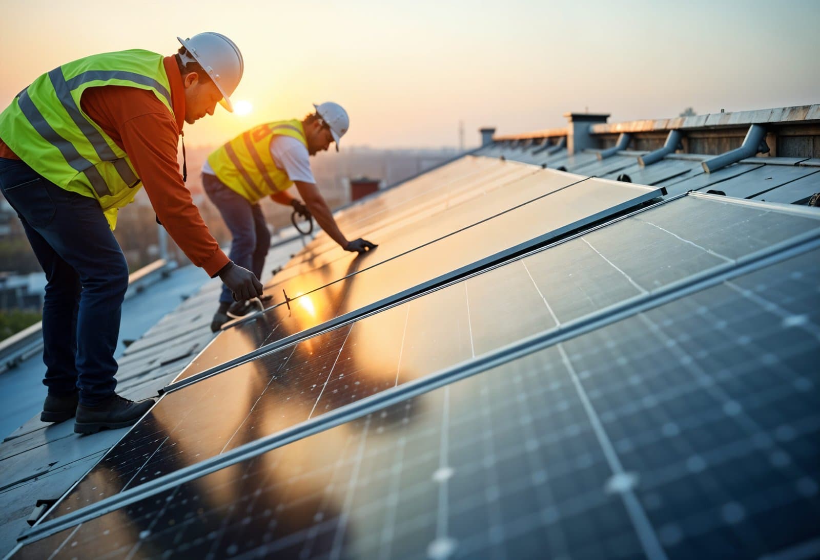 workers mainting solar panels