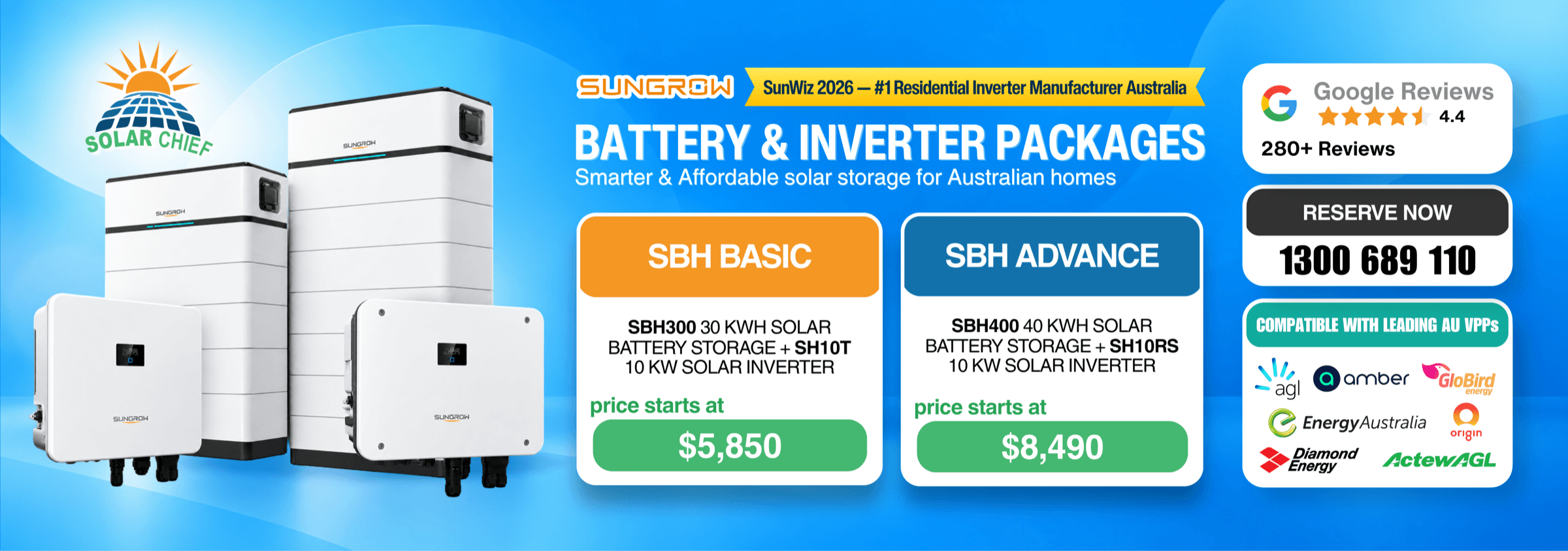 Sungrow battery and inverter packages | SBH300 30 kWh from $5,850, SBH400 40 kWh from $8,490, compatible with 7 Australian VPPs