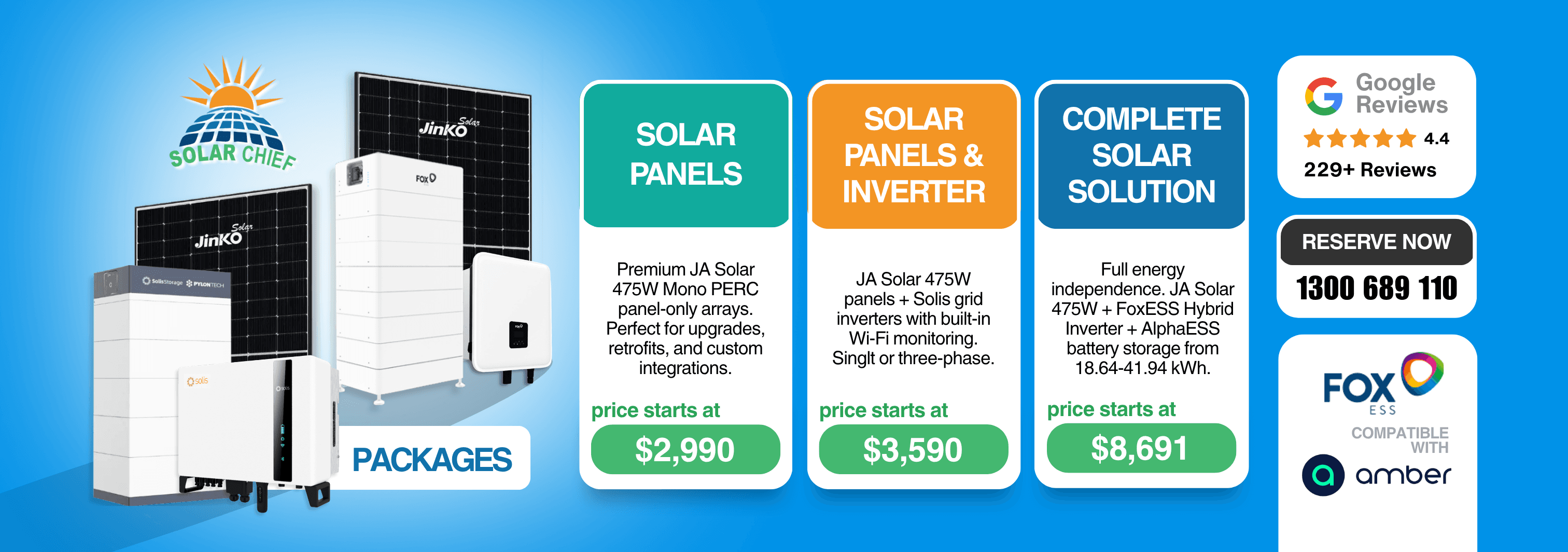 Solar Chief packages — Solar Panels from $2,990, Solar Panels & Inverter from $3,590, Complete Solar Solution from $8,691