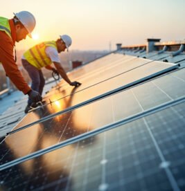 workers mainting solar panels