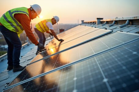 workers mainting solar panels